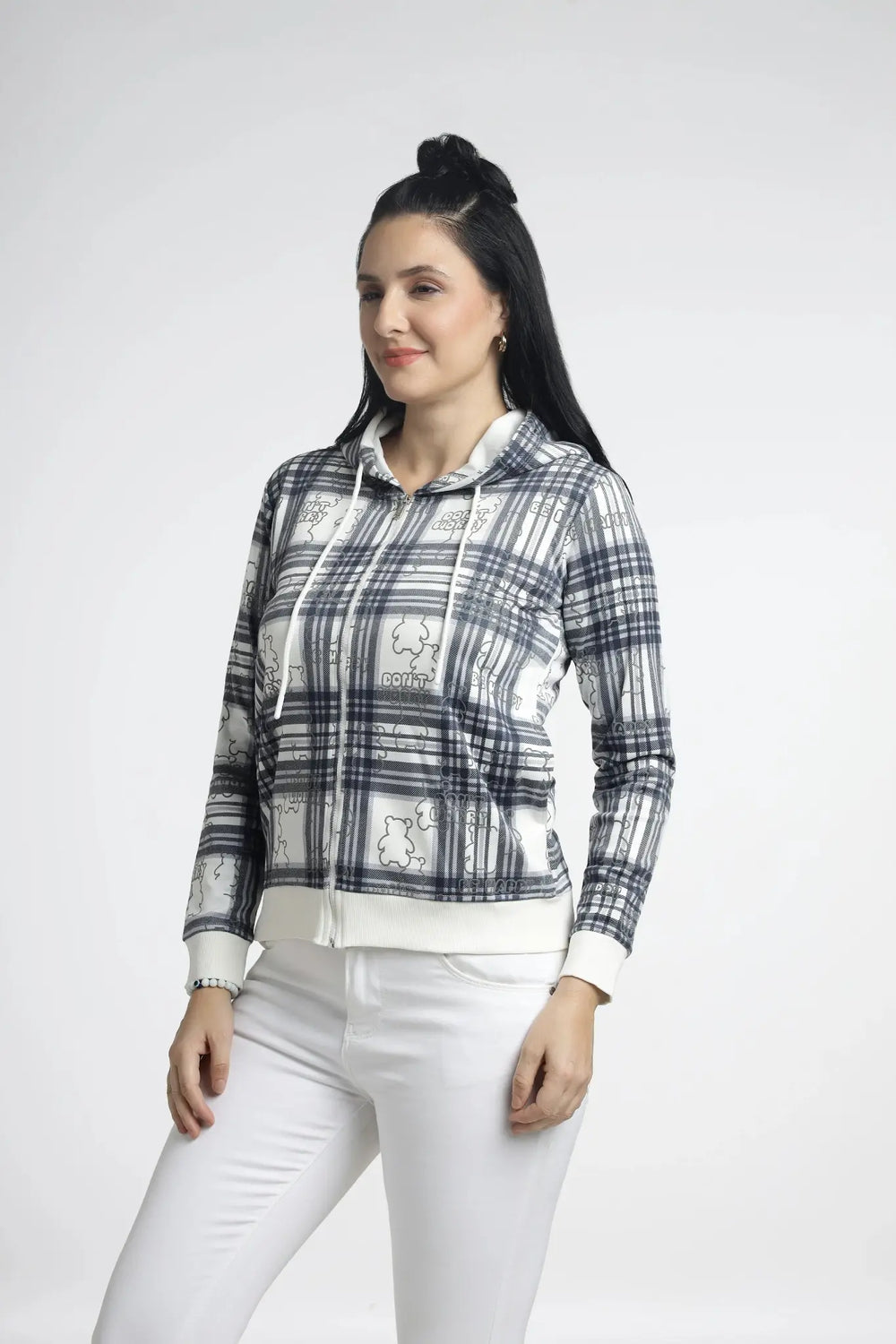 Women’s Plaid Zip-Up Hoodie with “Don’t Worry” Print - ASTRON