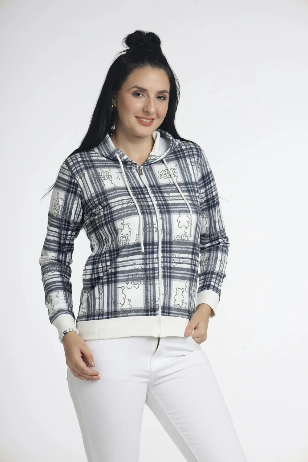 Women’s Plaid Zip-Up Hoodie with “Don’t Worry” Print - ASTRON