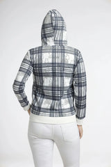 Person wearing a plaid hoodie with a white graphic design on the back against a white background