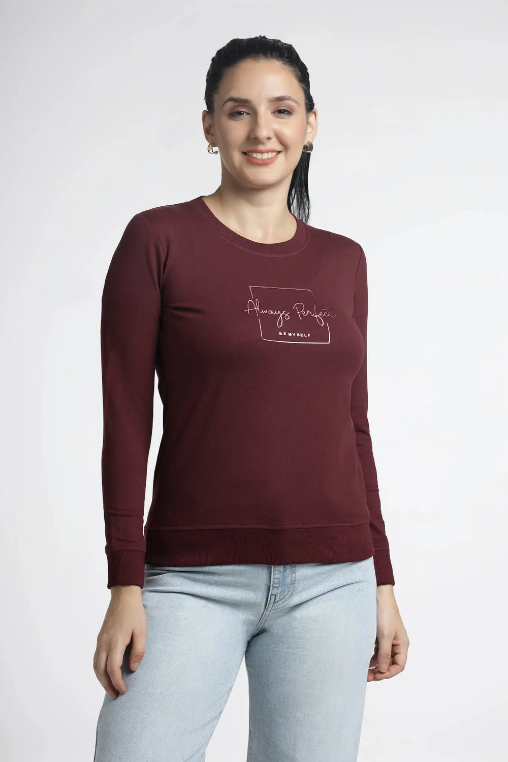 Women’s Maroon Printed Top - Stylish Full Sleeve Apparel for Trendy Looks - ASTRON
