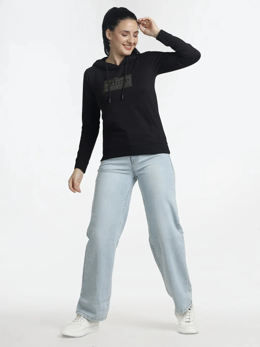 Women’s Black Hoodie with Trendy Print Design for Stylish Comfort - ASTRON