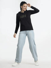 Women’s Black Hoodie with Trendy Print Design for Stylish Comfort - ASTRON