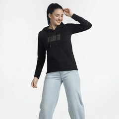 Women’s Black Hoodie with Trendy Print Design for Stylish Comfort - ASTRON