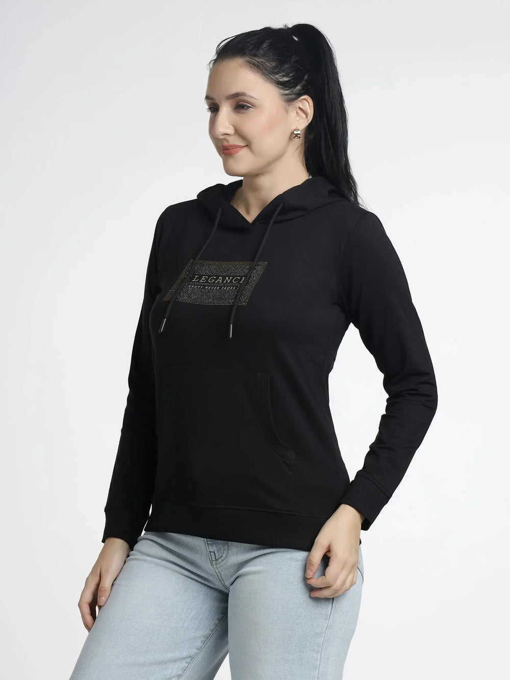 Women’s Black Hoodie with Trendy Print Design for Stylish Comfort - ASTRON