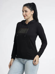Women’s Black Hoodie with Trendy Print Design for Stylish Comfort - ASTRON