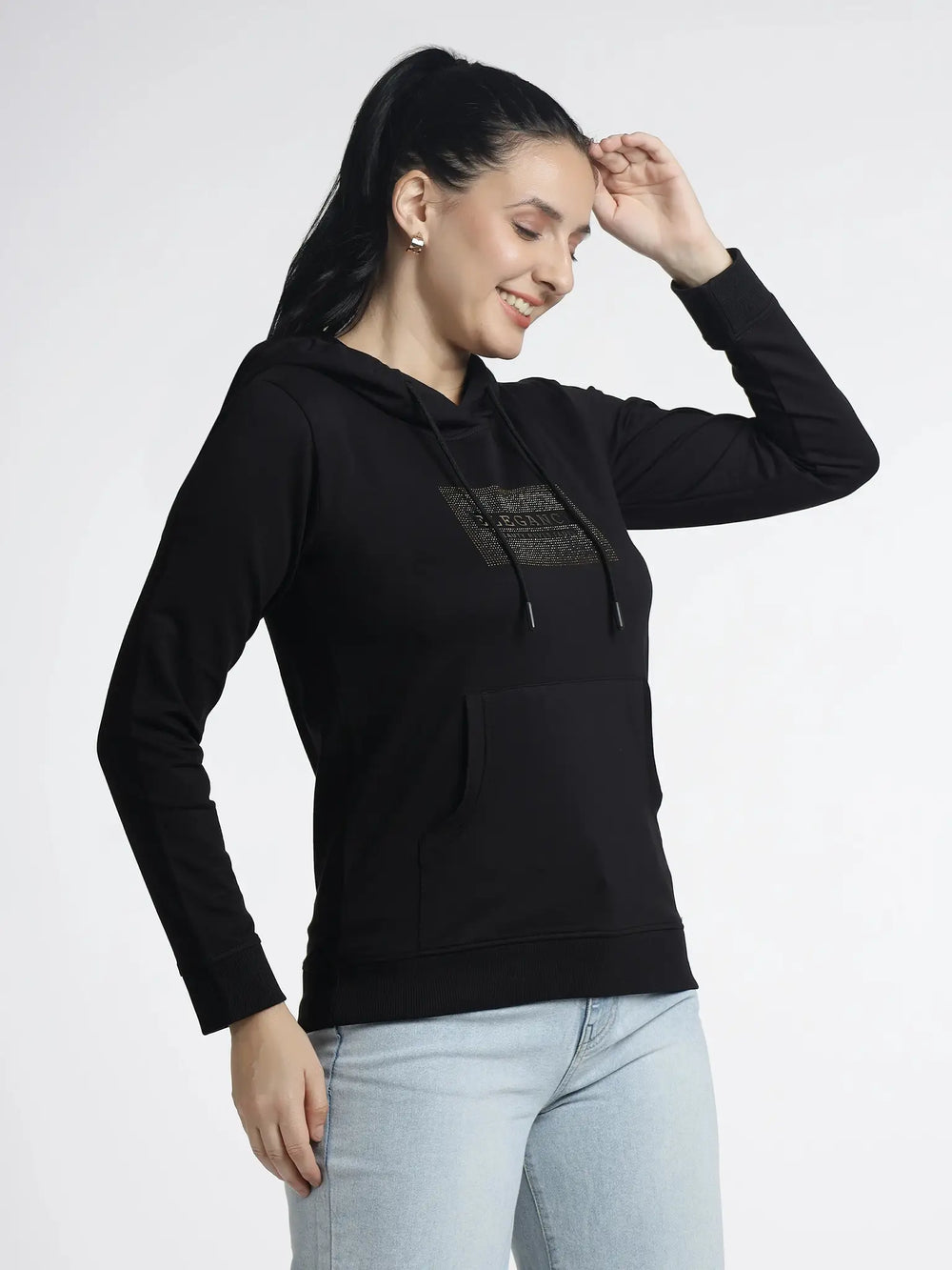 Women’s Black Hoodie with Trendy Print Design for Stylish Comfort - ASTRON