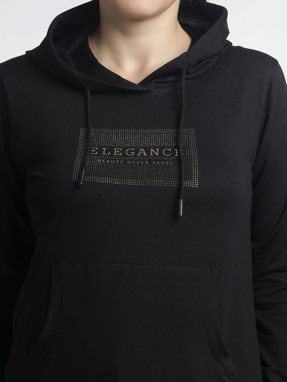 Women’s Black Hoodie with Trendy Print Design for Stylish Comfort - ASTRON
