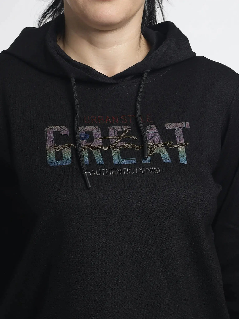 Black hoodie with colorful text design on a plain background