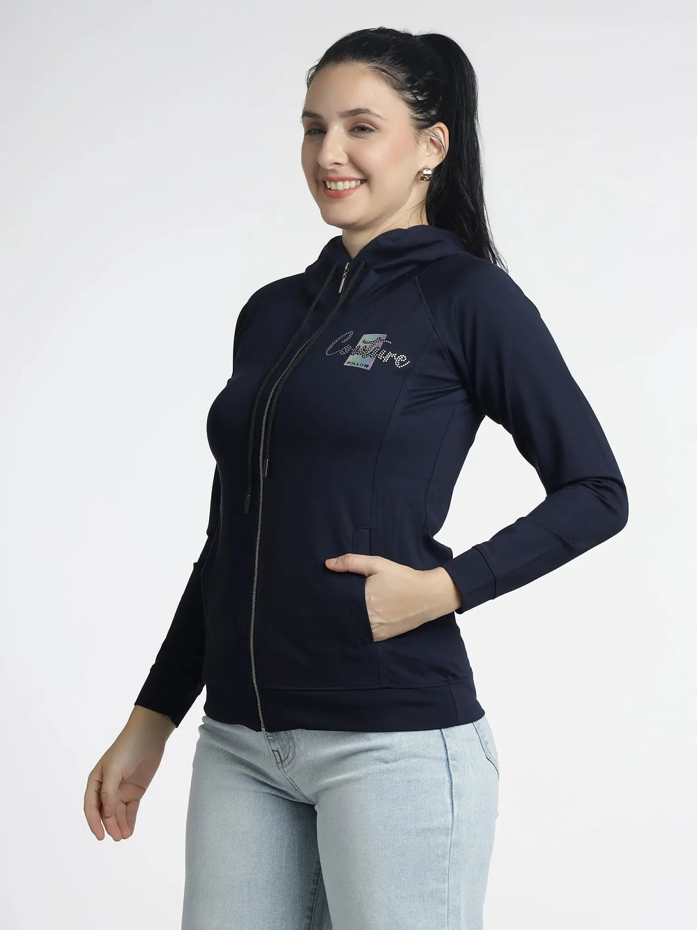 Women's Navy Blue Zip-Up Hoodie with Embellishments for Stylish Comfort - ASTRON