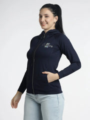 Women's Navy Blue Zip-Up Hoodie with Embellishments for Stylish Comfort - ASTRON