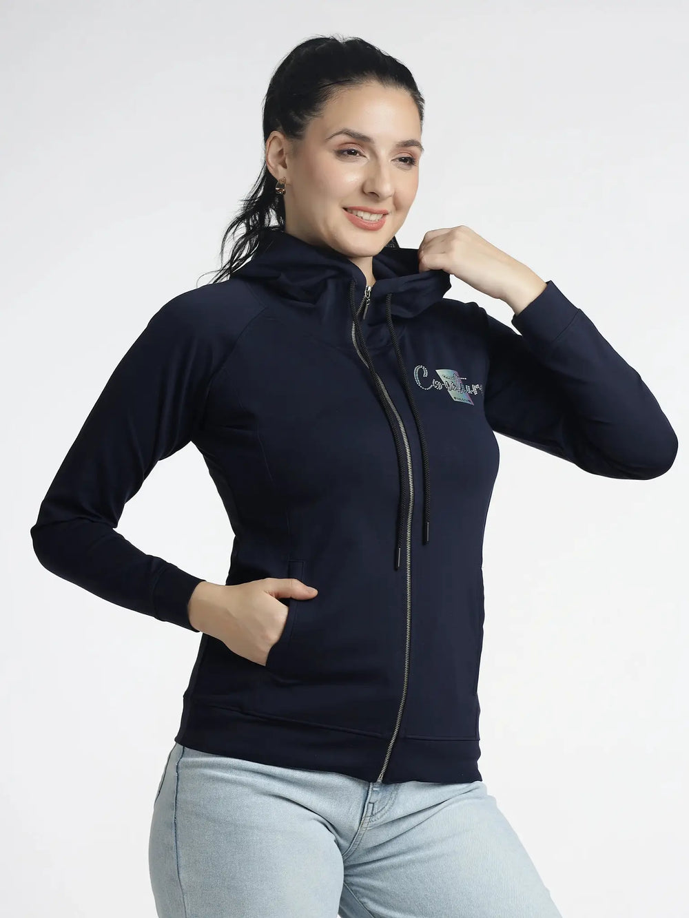 Women's Navy Blue Zip-Up Hoodie with Embellishments for Stylish Comfort - ASTRON