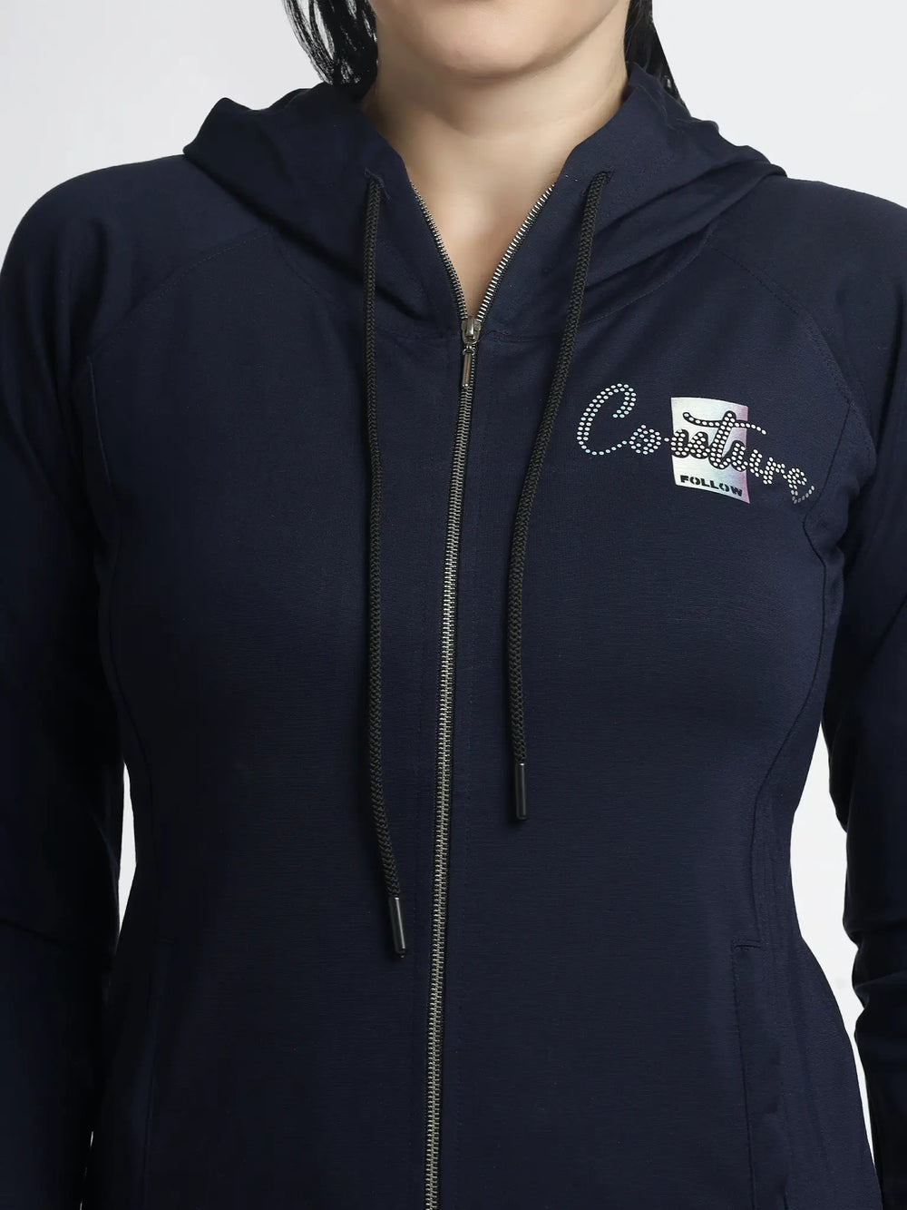 Women's Navy Blue Zip-Up Hoodie with Embellishments for Stylish Comfort - ASTRON