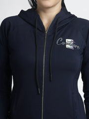 Women's Navy Blue Zip-Up Hoodie with Embellishments for Stylish Comfort - ASTRON