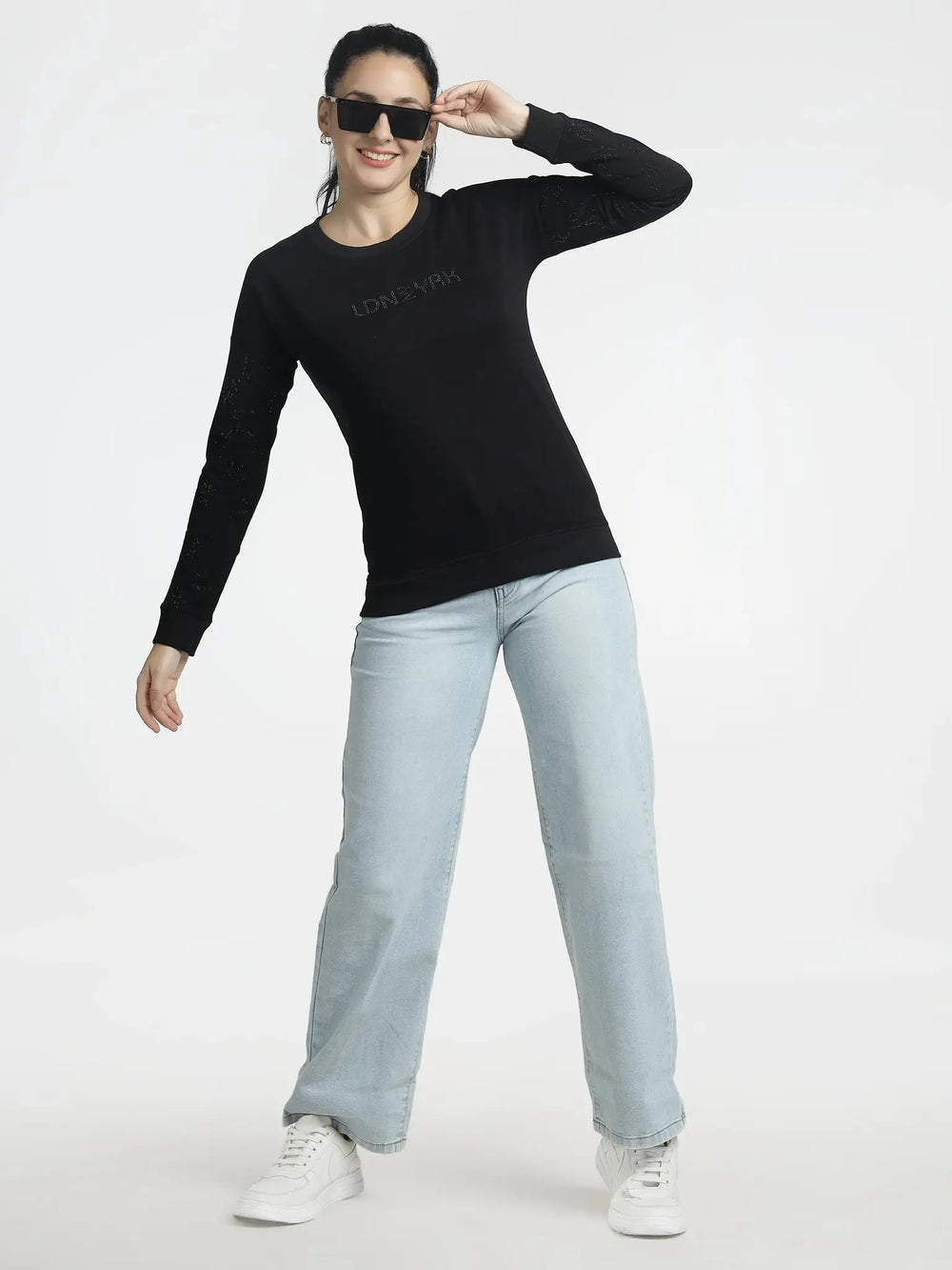 Women’s Embellished Black Sweatshirt for Stylish Comfort - ASTRON