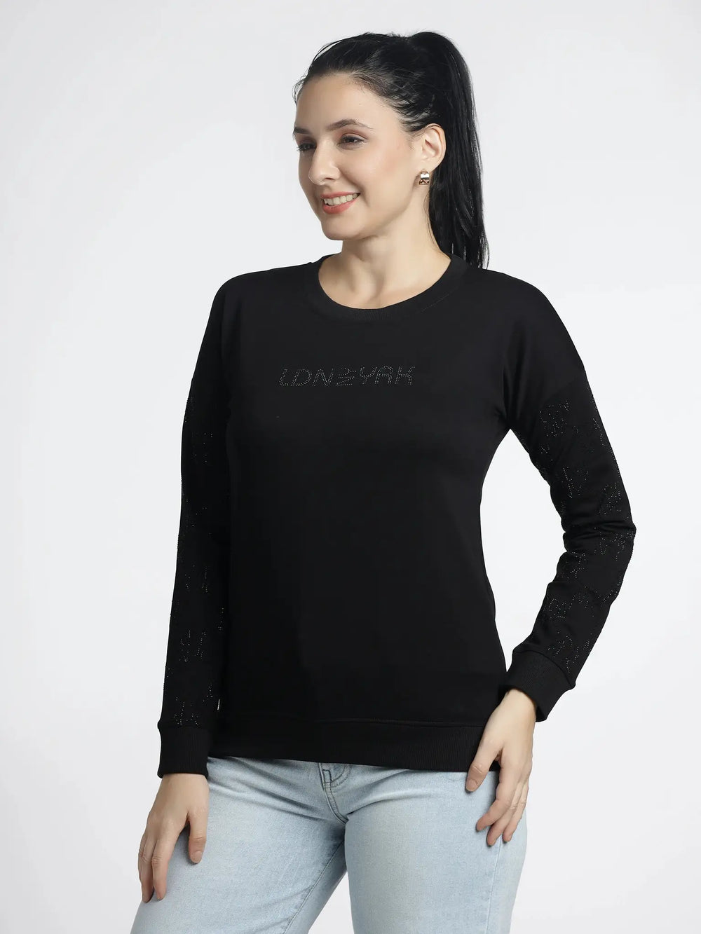 Women’s Embellished Black Sweatshirt for Stylish Comfort - ASTRON