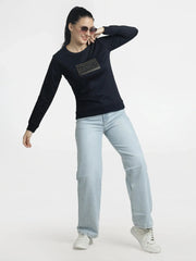 Women's Embellished Navy Blue Sweatshirt - Stylish Comfort for Every Occasion - ASTRON
