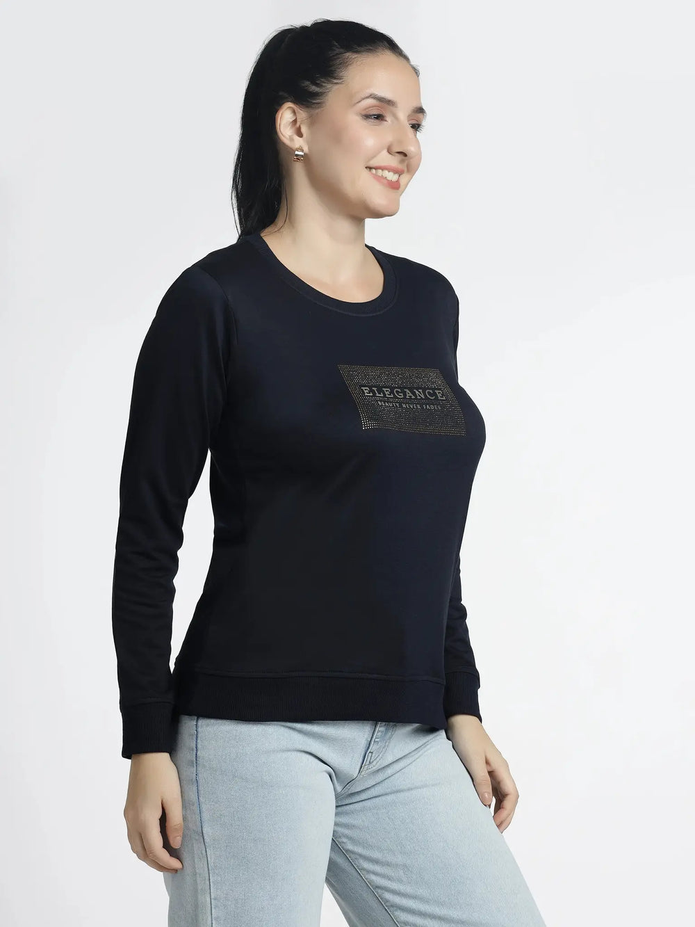 Women's Embellished Navy Blue Sweatshirt - Stylish Comfort for Every Occasion - ASTRON