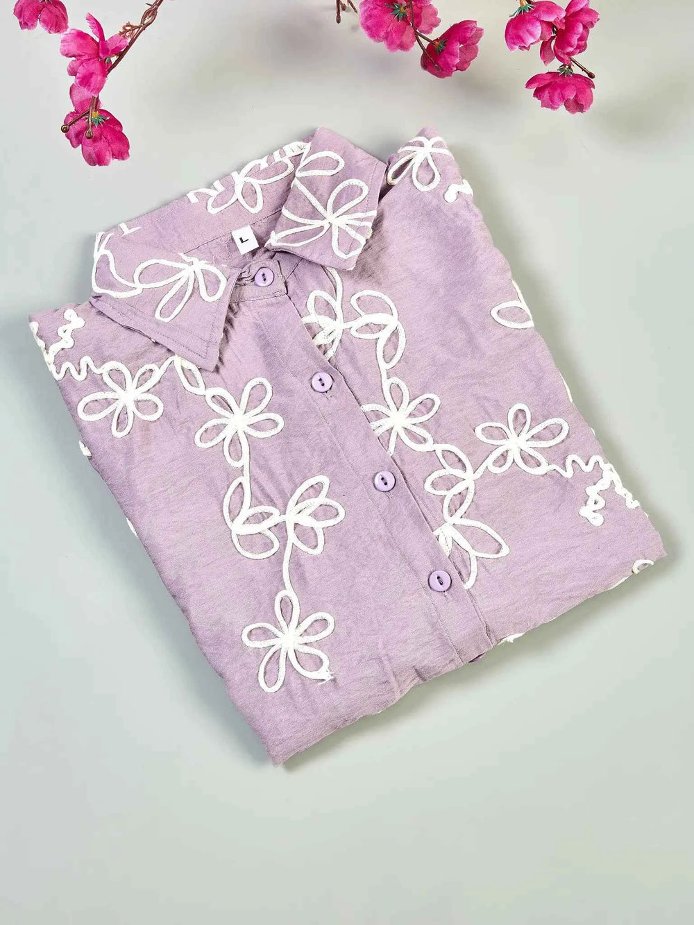 Astron - Lavender Floral Embroidered Button-Down Shirt