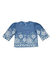 Astron – Denim Cropped Top with Floral Lace Embroidery