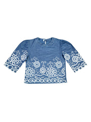 Astron – Denim Cropped Top with Floral Lace Embroidery