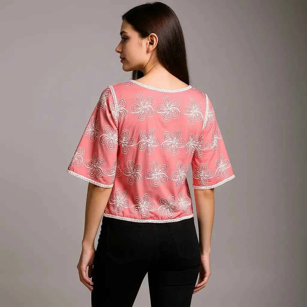 Astron – Crop Top with White Floral Embroidery