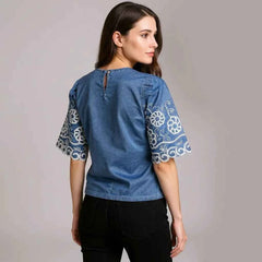 Astron – Denim Cropped Top with Floral Lace Embroidery