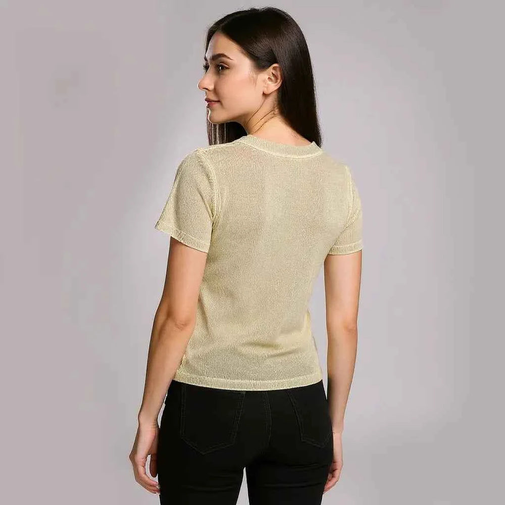 Astron - Embroidered V-Neck Ribbed Knit Top