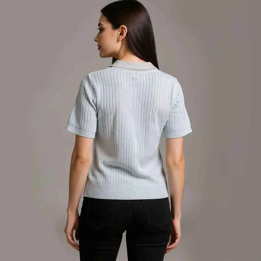 Astron - Ribbed Knit Polo Shirt with Collar