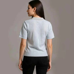 Astron - Ribbed Knit Polo Shirt with Collar