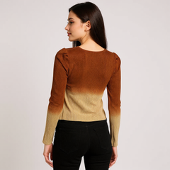 Astron Brown Ombre V Neck Ribbed Women’s Top