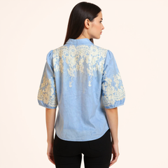 Astron Light Blue Cotton Shirt with Intricate White Floral Embroidery