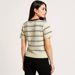 Astron - Cream Ribbed Knit T-Shirt For Women