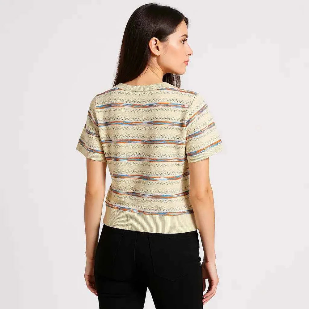 Astron - Cream Knit Top With Multicolored Stripes