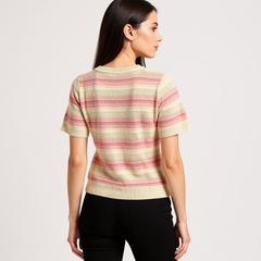Astron - Striped Knit Short-Sleeve Top with Ribbed Crew Neckline