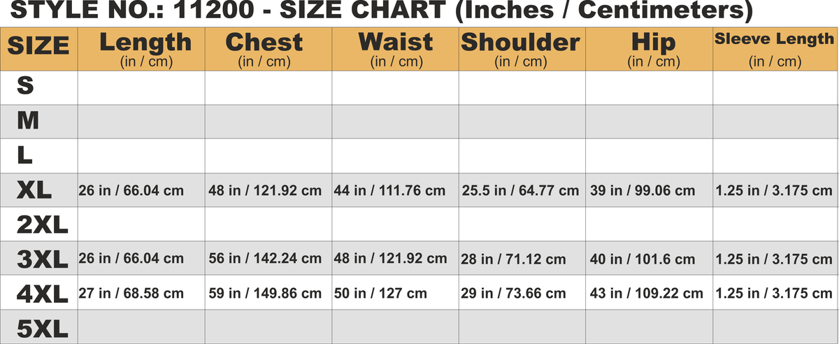 Size chart for clothing measurements in inches and centimeters