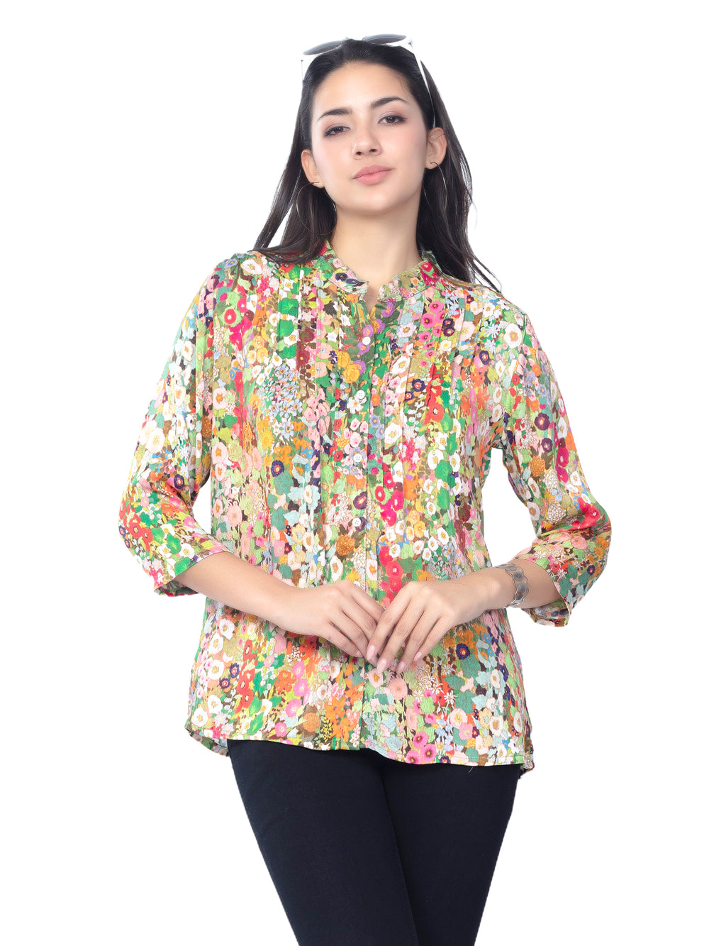 Elegant blouse featuring stylish pleated sleeves, perfect for sophisticated formal occasions and professional settings.