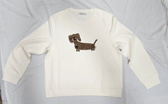 White long-sleeve shirt with a brown dachshund design on a light gray background