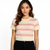 Astron - Striped Knit Short-Sleeve Top with Ribbed Crew Neckline