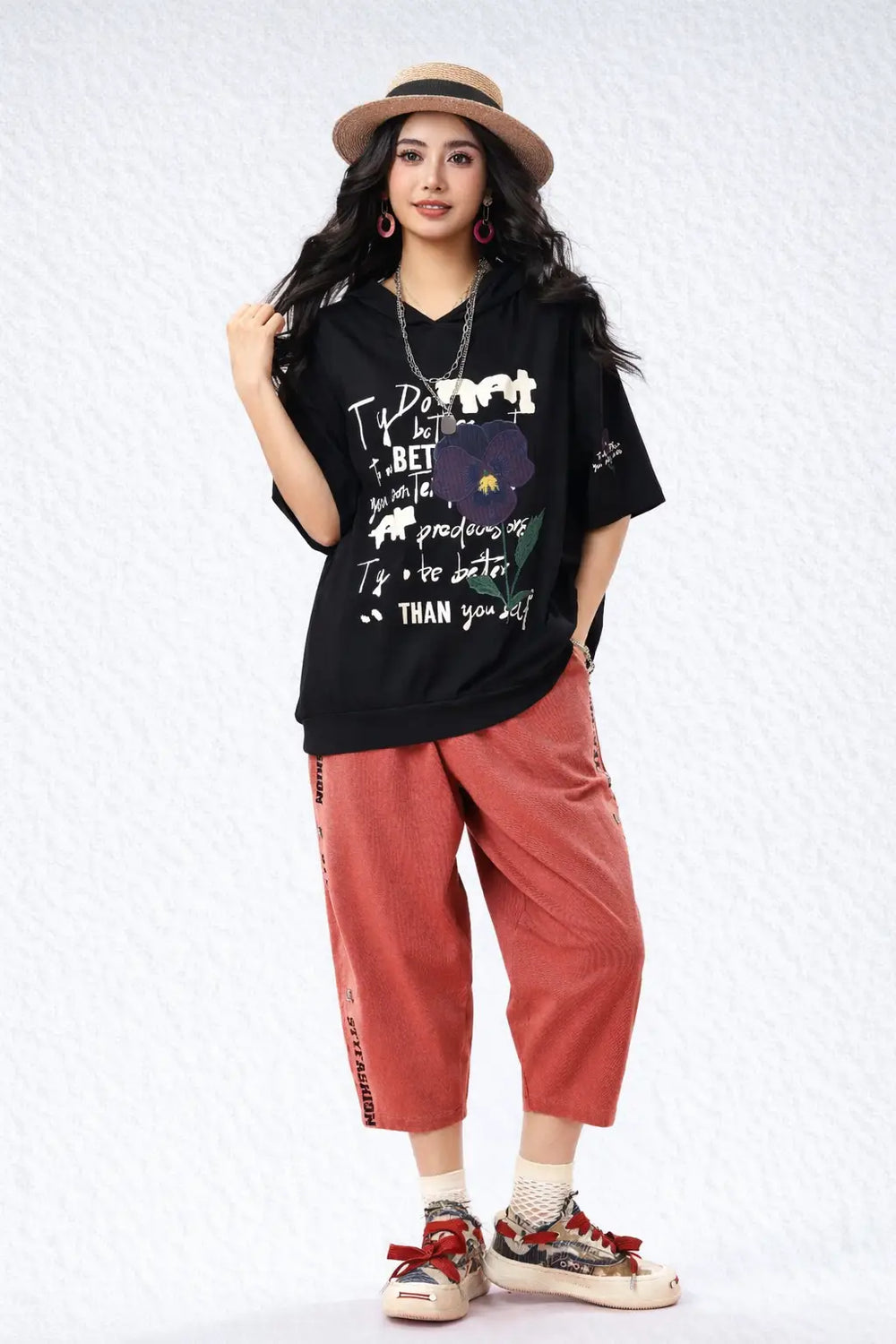 Women’s Oversized Graphic Hooded T-Shirt with Patch Work - ASTRON