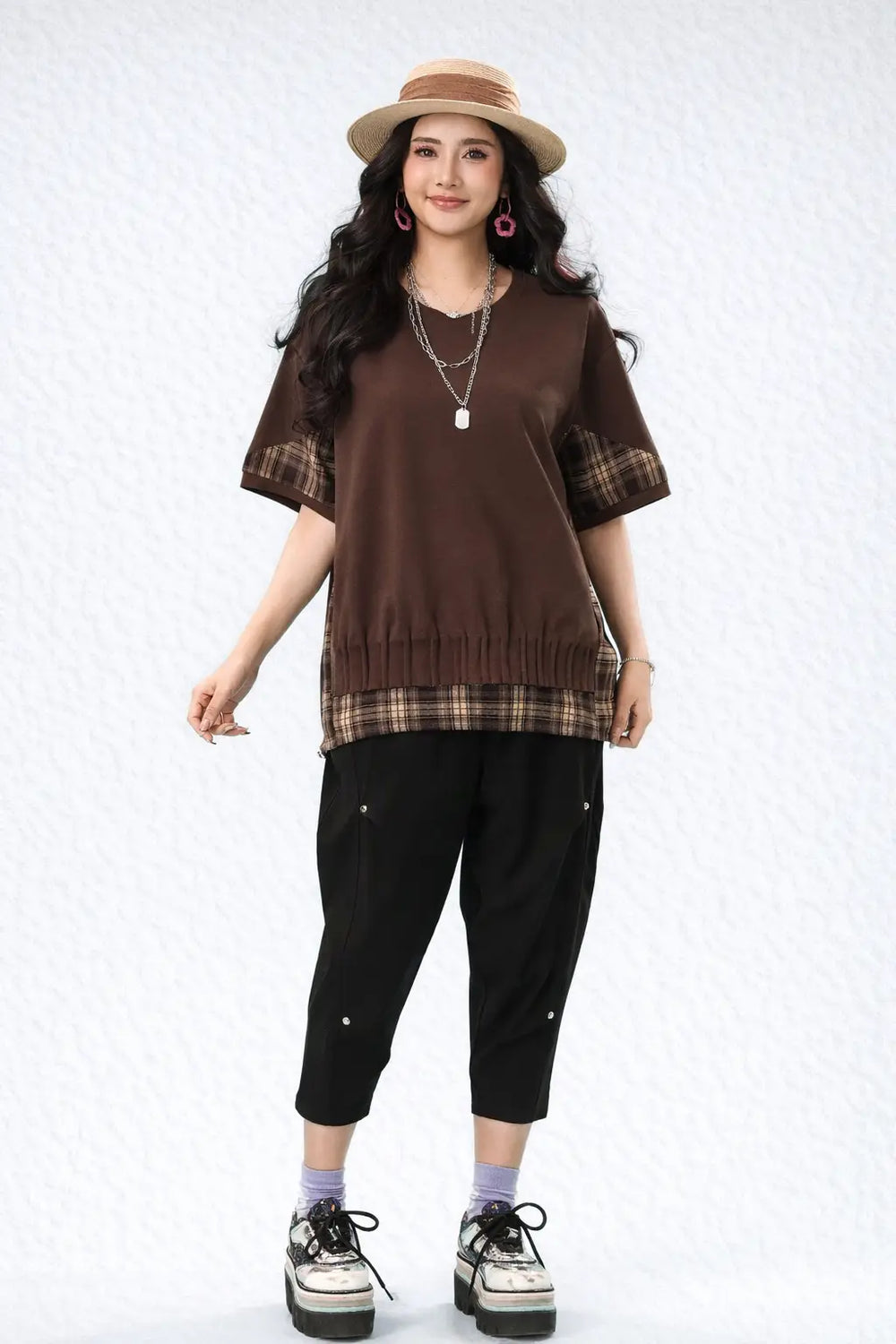 Women’s Contrast Plaid Hem Oversized Tunic Top - ASTRON