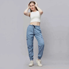 Astron – Silky Denim Cargo Jogger Jeans for Women