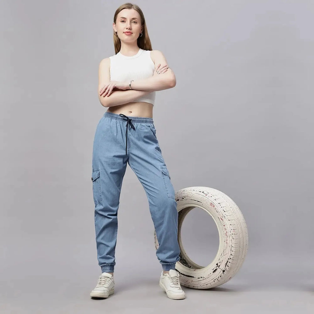 Astron – Silky Denim Cargo Jogger Jeans for Women