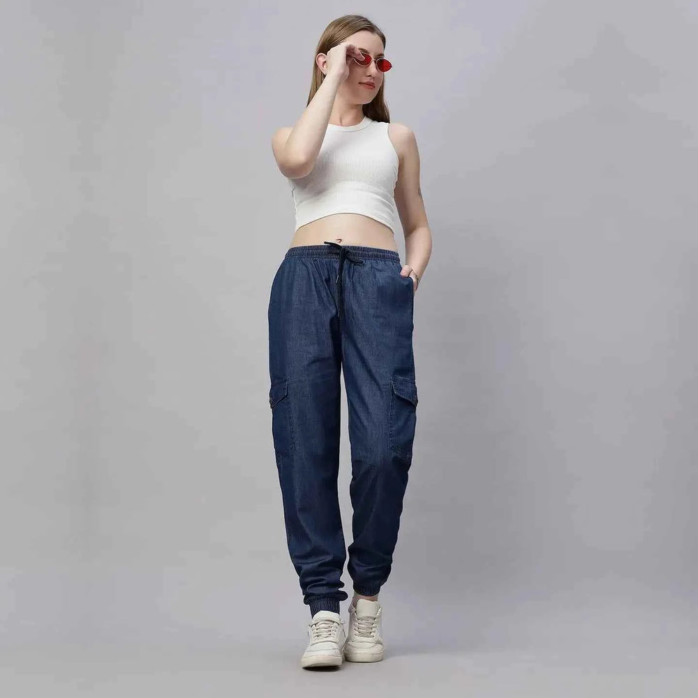 Astron – Silky Denim Cargo Jogger Jeans for Women