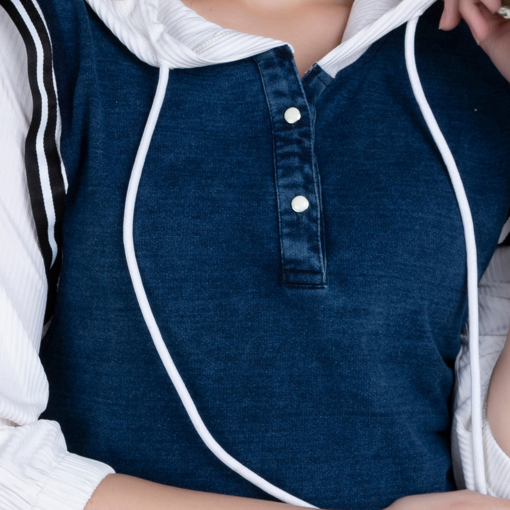 White Regular Fit Hoodie Denim Midi Dress For Women.