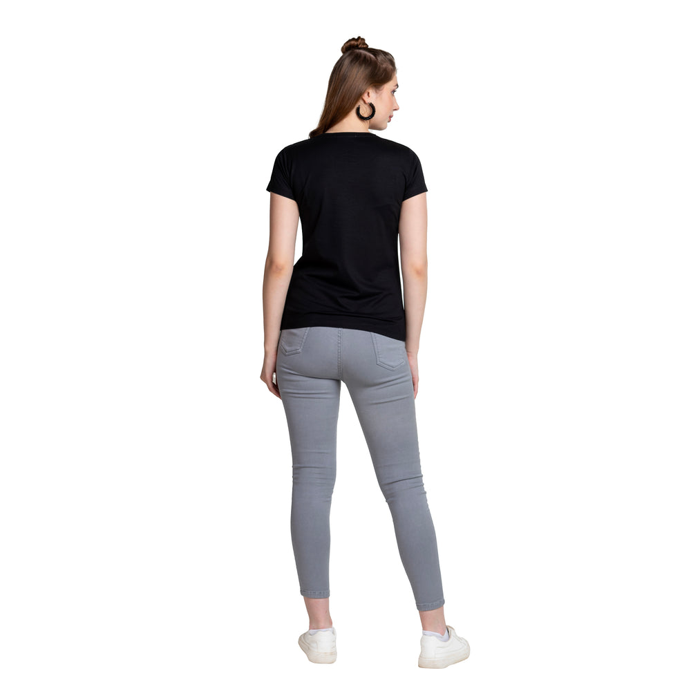 Black Round Neck Half Sleeve Ladies Cotton T-shirt.