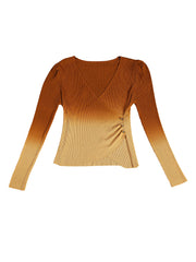 Astron Brown Ombre V Neck Ribbed Women’s Top
