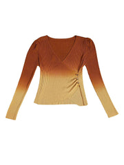 Astron Brown Ombre V Neck Ribbed Women’s Top