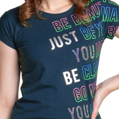 Astron – Round Neck Green Color Typography Print Cotton T-Shirt for Women