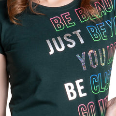 Astron – Round Neck Green Color Typography Print Cotton T-Shirt for Women