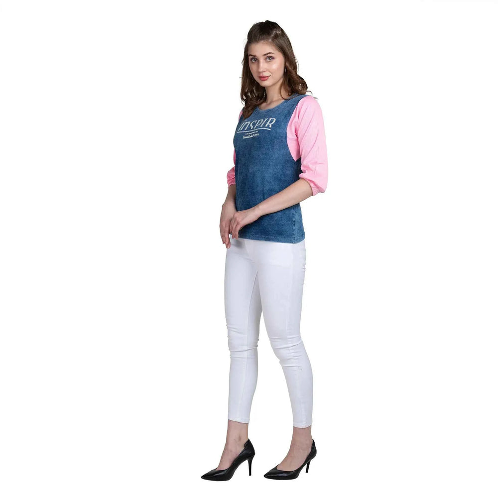 Astron – Round Neck Denim Colour T-Shirt for Women